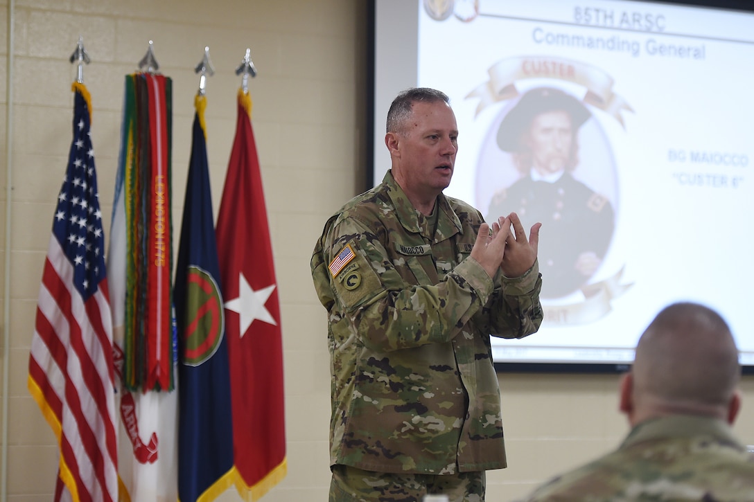 Brig. Gen. Frederick R. Maiocco Jr., Commanding General, 85th Support Command, explains during a New Command Teams Orientation brief on May 20, 2017 in Arlington Heights, Ill. why it is so important to understand the unique partnership between the 85th SPT CMD and First Army. He shared that First Army is an “executive agent for training and training validation” in the Army. And the 85th Support Command is embedded as an operationally controlled element of First Army, and it is critical that we are synchronized to support that mission.
(U.S. Army photo by Sgt. Aaron Berogan/Released)