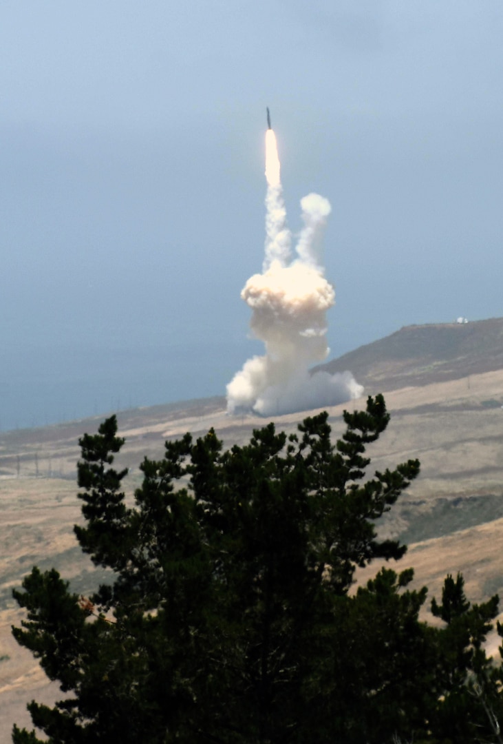A long-range ground-based interceptor launches from Vandenberg Air Force Base, Calif., May 30, to intercept an intercontinental ballistic missile target that was launched from the U.S. Army’s Reagan Test Site on Kwajalein Atoll in the Marshall Islands. This was the first live-fire test event against an ICBM-class target. The ground-based midcourse defense is an element of the Ballistic Missile Defense System. 