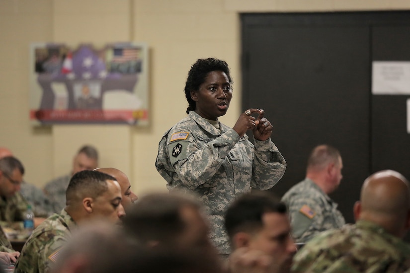 Command Sgt. Maj. Tresay Drapejones, command sergeant major of 3rd Battalion, 345th Training Support Regiment, 188th Infantry Brigade, discusses the medical readiness process during a New Command Teams Orientation held at 85th Support Command Headquarters in Arlington Heights, Ill., May 19-20, 2017. The orientation gave battalion command teams and Brigade Support Element staffs assigned to 85th Support Command, but operationally controlled by First Army, a better understanding of the practices and procedures that make up the hybrid relationship between First Army and the 85th SPT CMD. 
(U.S. Army photo by Master Sgt. Anthony L. Taylor)