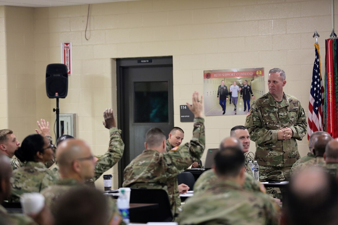 First Army Brigade Support Element staff members respond to a question from Brig. Gen. Frederick Maiocco Jr., 85th Support Command commanding general, during a New Command Teams Orientation held at 85th Support Command Headquarters in Arlington Heights, Ill.,  May 19-20, 2017. The orientation gave battalion command teams and Brigade Support Element staffs assigned to 85th Support Command, but operationally controlled by First Army, a better understanding of the practices and procedures that make up the hybrid relationship between First Army and the 85th SPT CMD. 
(U.S. Army photo by Master Sgt. Anthony L. Taylor)