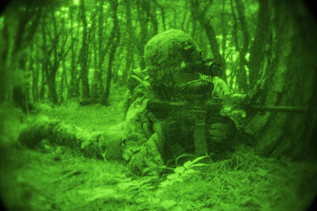 As seen through a night-vision device, Marines Corps Lance Cpl. Alexander Villavicencio-Lenes provides security in the defensive position during training at Camp Mujuk, South Korea, May 30, 2017. Villavicencio-Lenes is a rifleman with India Company, 3rd Battalion, 8th Marine Regiment. Marine Corps photo by Lance Cpl. Caleb T. Maher
