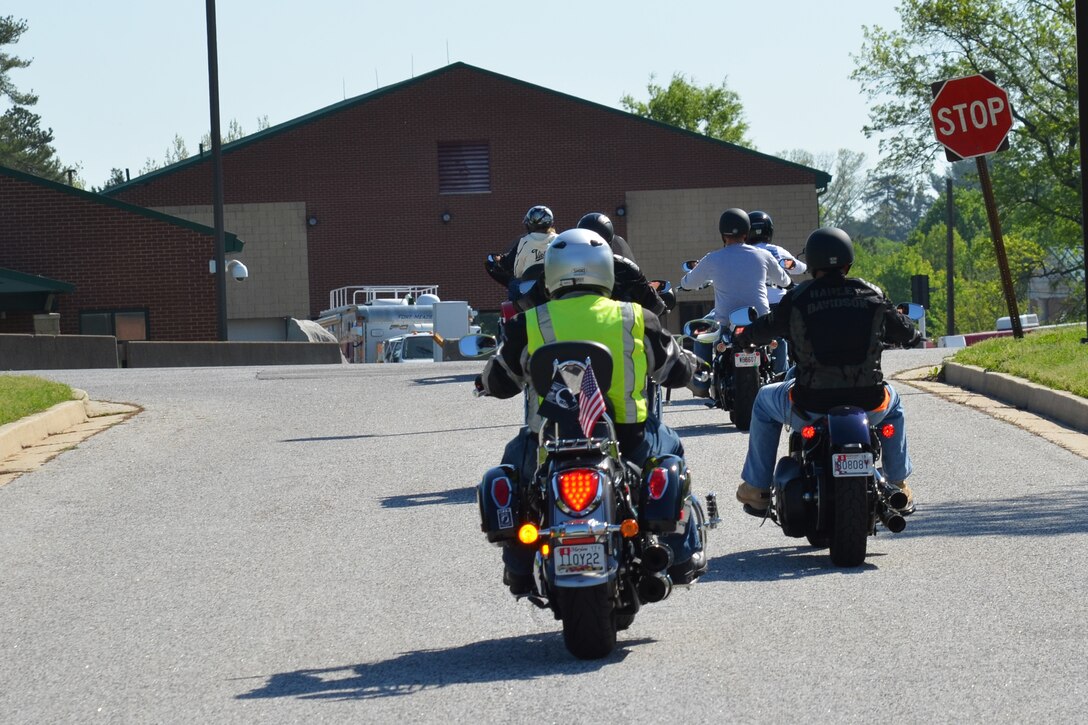 Defense Information School riders depart on the motorcycle safety check ride April 28, 2017, outside the school. The safety check ride demonstrates the facility’s commitment to safety by ensuring riders wear all the proper gear while riding through the Fort Meade community.