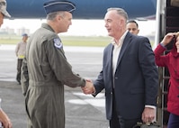 Marine Corps Gen. Joseph F. Dunford Jr., speaks with Air Force Lt. Gen. Jerry P. Martinez, commander, U.S. Forces Japan at Yokota Airbase June 1, 2017. 