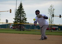 Tech. Sgt. Jose Ortiz, 319th Security Forces Squadron flight sergeant from Grand Forks Air Force Base, pitches a softball during the 3rd annual North Dakota military softball tournament at Devils Lake N.D., May 25, 2017. Minot won the game 16-10, becoming this year’s softball tournament champions. (U.S. Air Force photo/Airman 1st Class Dillon Audit)