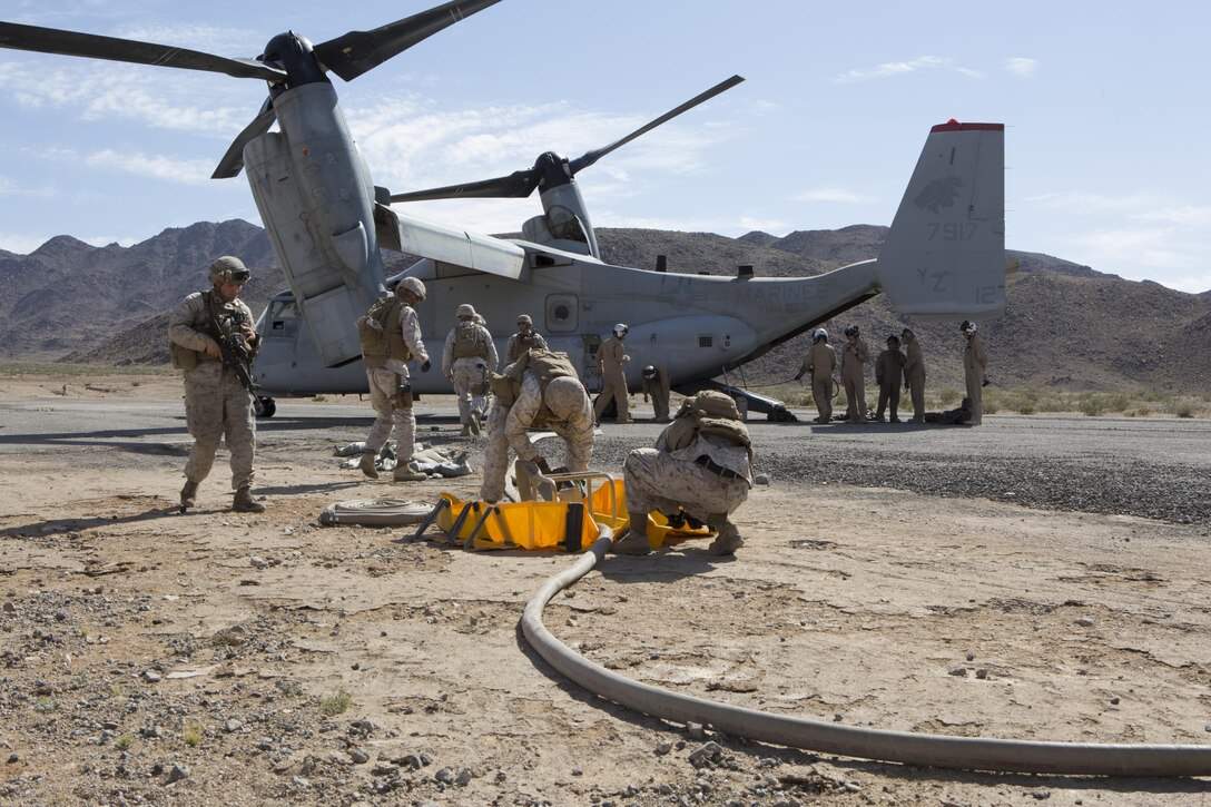 Marines with Marine Medium Tiltrotor Squadron (VMM) 363 conduct an air delivery ground refueling (ADGR) exercise at a Marine Wing Support Squadron (MWSS) 373 field aircraft refueling point (FARP) during Integrated Training Exercise (ITX) 3-17, at Marine Corps Air Ground Combat Center Twentynine Palms, Calif., May 30. ITX is a combined-arms exercise enabling Marines across 3rd Marine Aircraft Wing to operate as an aviation combat element integrated with ground and logistics combat elements as a Marine air-ground task force. More than 650 Marines and 27 aircraft with 3rd MAW are supporting ITX 3-17. (U.S. Marine Corps photo by Lance Cpl. Mark A. Lowe/Released)