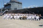 Participants of the U.S.-Japan bilateral amphibious and mine warfare staff talks pose for a group photo in front of the mine-countermeasures support ship JS Bungo (MST464), May 22, 2017. The talks are being held to increase mutual understanding and lay out engagement opportunities in amphibious operations and mine warfare in order to increase combat readiness of both U.S. and Japan Self Defense forces.