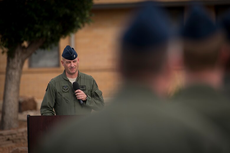 Lt. Col. Derick Steed, 524th Special Operations Squadron commander speaks to members of his squadron during the unit’s end of mission ceremony at Cannon Air Force Base, N.M., May 31, 2017. The 524th is relocating to Duke Field, Florida, where the command will change hands from the 27th SOW to the 492nd SOW. The 524th SOS has flown a wealth of aircraft throughout the years, including the B-18 Bolo, A-24 Banshee, P-47 Thunderbolt, F-82 Sabre, F-111 Aardvark, and the plane the squadron is currently flying: the C-146 Wolfhound. (U.S. Air Force photo by Staff Sgt. Michael Washburn/Released)
