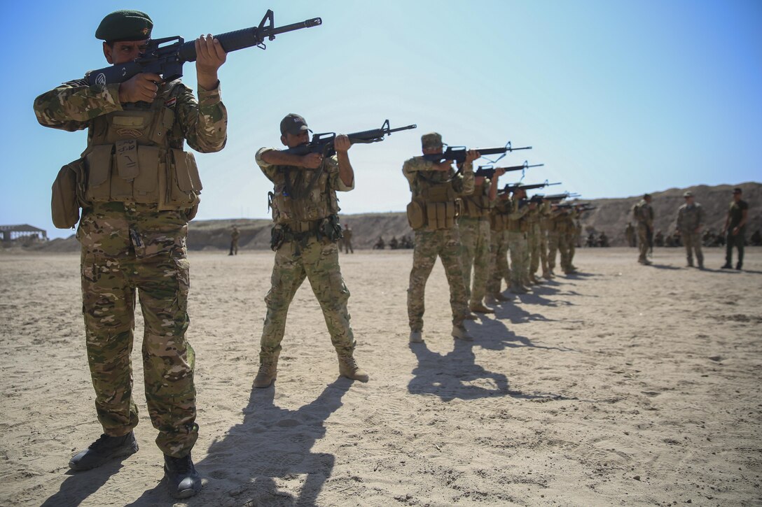 Iraqi soldiers with 2nd Battalion, Commando Brigade, Anbar Operations Command, practice their marksmanship skills during training with Task Force Al-Taqaddum, Combined Joint Task Force – Operation Inherent Resolve, in Iraq, April 17, 2017. This training is part of the overall CJTF-OIR building partner capacity mission by training and improving the capability of partnered forces fighting ISIS. CJTF-OIR is the global Coalition to defeat ISIS in Iraq and Syria. (U.S. Marine Corps photo by Cpl. Shellie Hall)