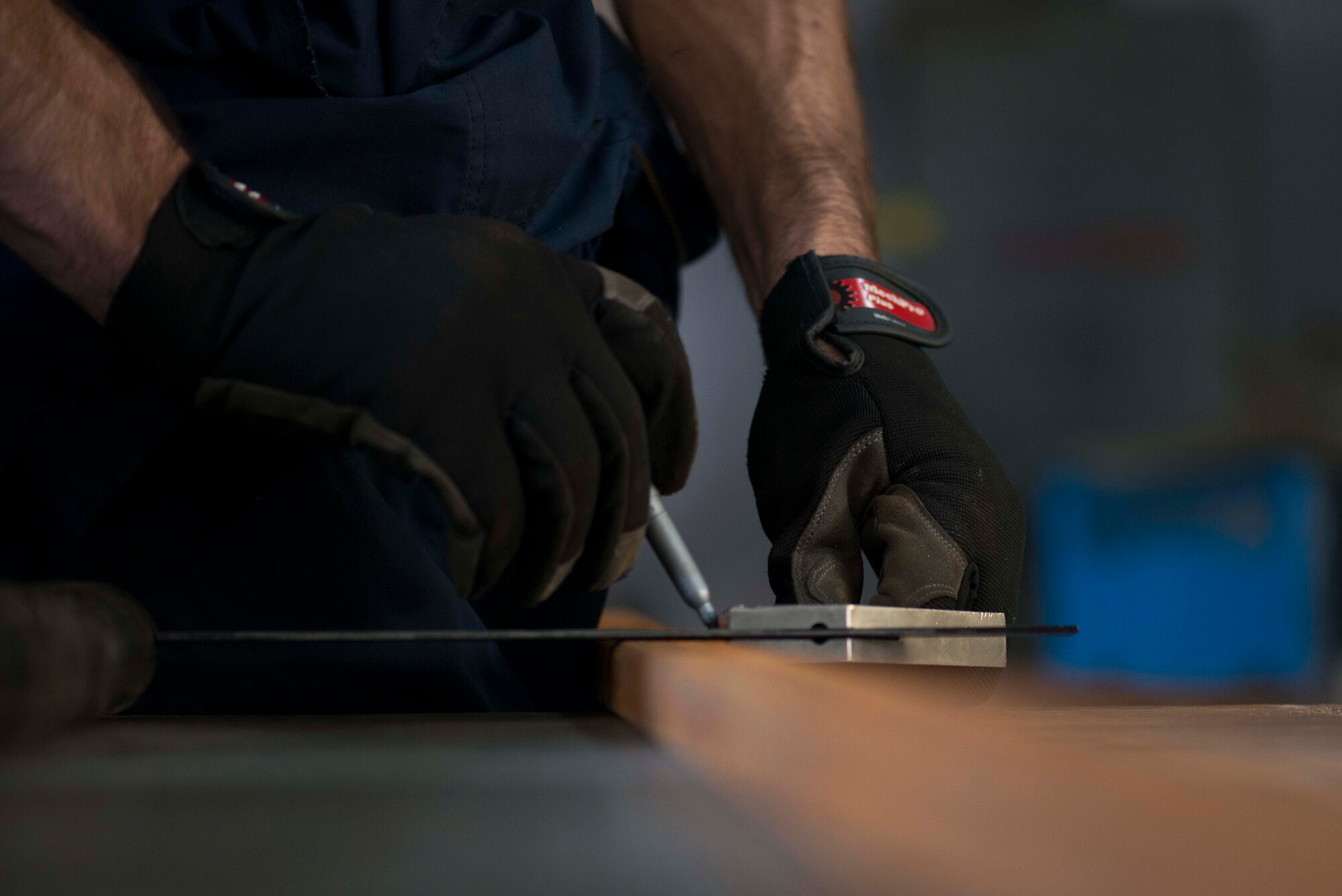 U.S. Air Force Staff Sgt. Ronald Bender, 39th Maintenance Squadron metals technology craftsman, draws a line on a piece of metal tubing May 30, 2017, at Incirlik Air Base, Turkey. The metals technology shop is capable of repairing and in some cases, creating parts that are no longer in production. (U.S. Air Force photo by Airman 1st Class Devin M. Rumbaugh) 