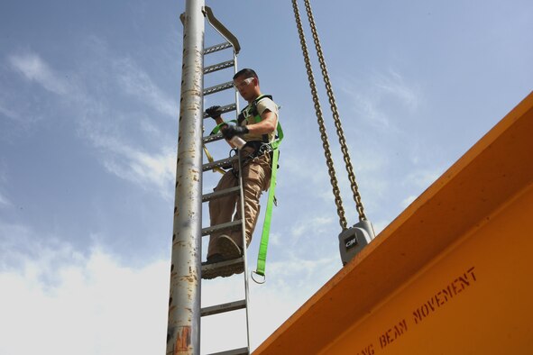 Senior Airman Seth Bayles, a 386th Expeditionary Aircraft Maintenance Squadron aerospace ground equipment journeyman, sprays a dry lubricant on a jack tester at an undisclosed location in Southwest Asia, May 7, 2017. AGE members use the jack tester to test the relief valve on a 30-ton aircraft jack, ensuring its operational capability to reduce safety hazards to aircraft and personnel.(U.S. Air Force photo/TSgt Jonathan Hehnly)