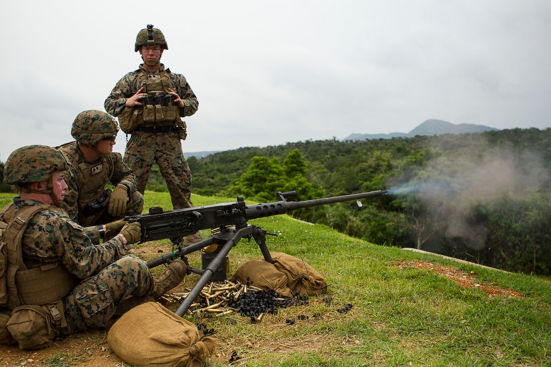 Marines with Weapons Company, Battalion Landing Team, 3rd Battalion, 5th Marines, test fire an M2 .50-caliber Browning machine gun during training at Camp Schwab, Okinawa, Japan, June 1, 2017. The M2, sometimes called the "Ma Deuce," is the oldest machine gun currently in the Marine Corps' arsenal. BLT 3/5 is currently deployed as the Ground Combat Element of the 31st Marine Expeditionary Unit. Weapons Company is the heavy-weapons element of BLT 3/5. Their arsenal includes heavy machine guns, mortars, and anti-tank weapons. 