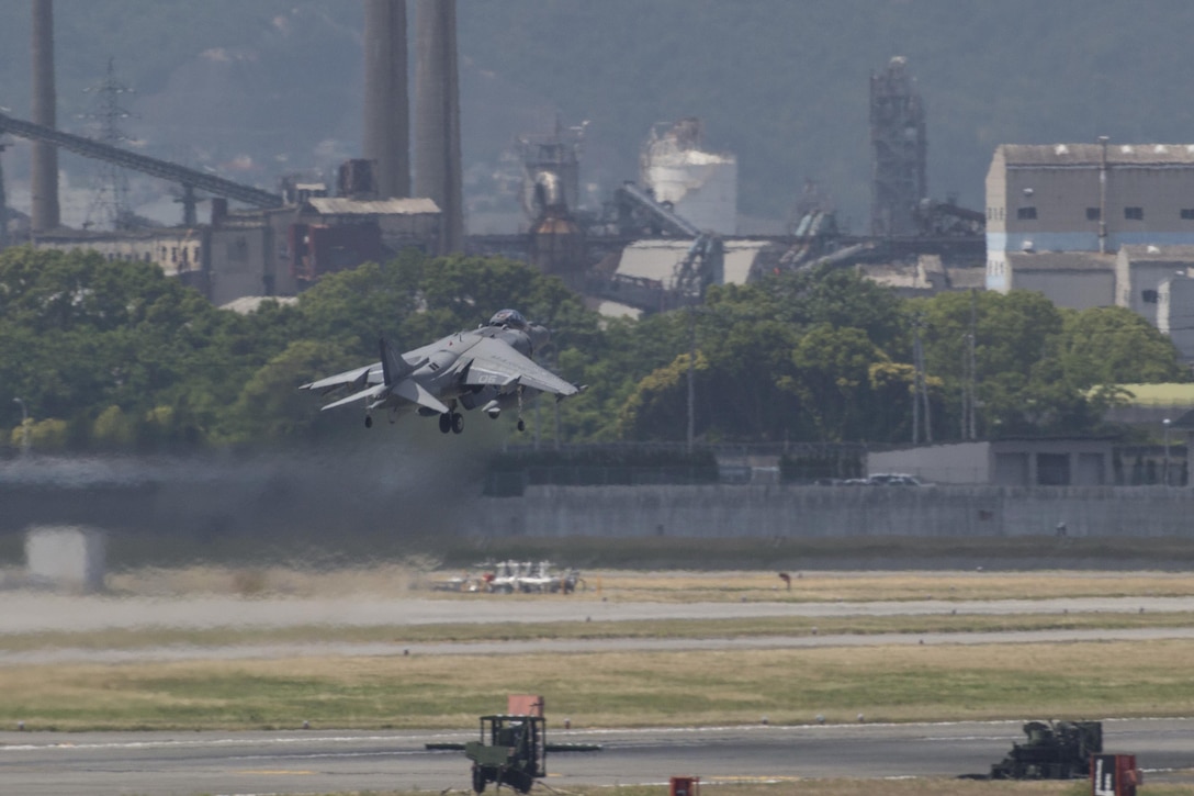 An AV-8B Harrier with Marine Attack Squadron (VMA) 311 departs from Marine Corps Air Station Iwakuni, Japan, June 2, 2017. VMA-311 is expected to be the last AV-8B Harrier squadron forward deployed to MCAS Iwakuni as part of the unit deployment program. The squadron's departure caps the end of an era for U.S. attack aircraft in Japan and is a significant milestone for MCAS Iwakuni and Marine Corps aviation.
