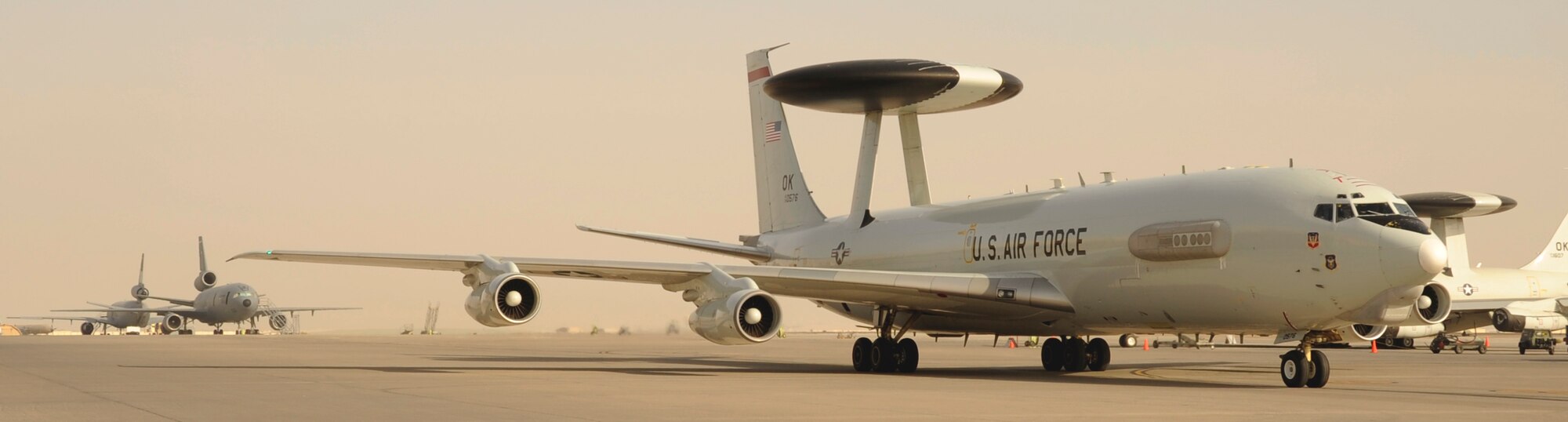 An E-3 Sentry taxis into place after a sortie May 25, 2017, at an undisclosed location in southwest Asia. The E-3 Sentry houses the Airborne Warning and Control System which provides situational awareness, command and control, battle management, surveillance and early warning of friendly, neutral and hostile activity during joint, allied, and coalition operations. (U.S. Air Force photo by Senior Airman Preston Webb)