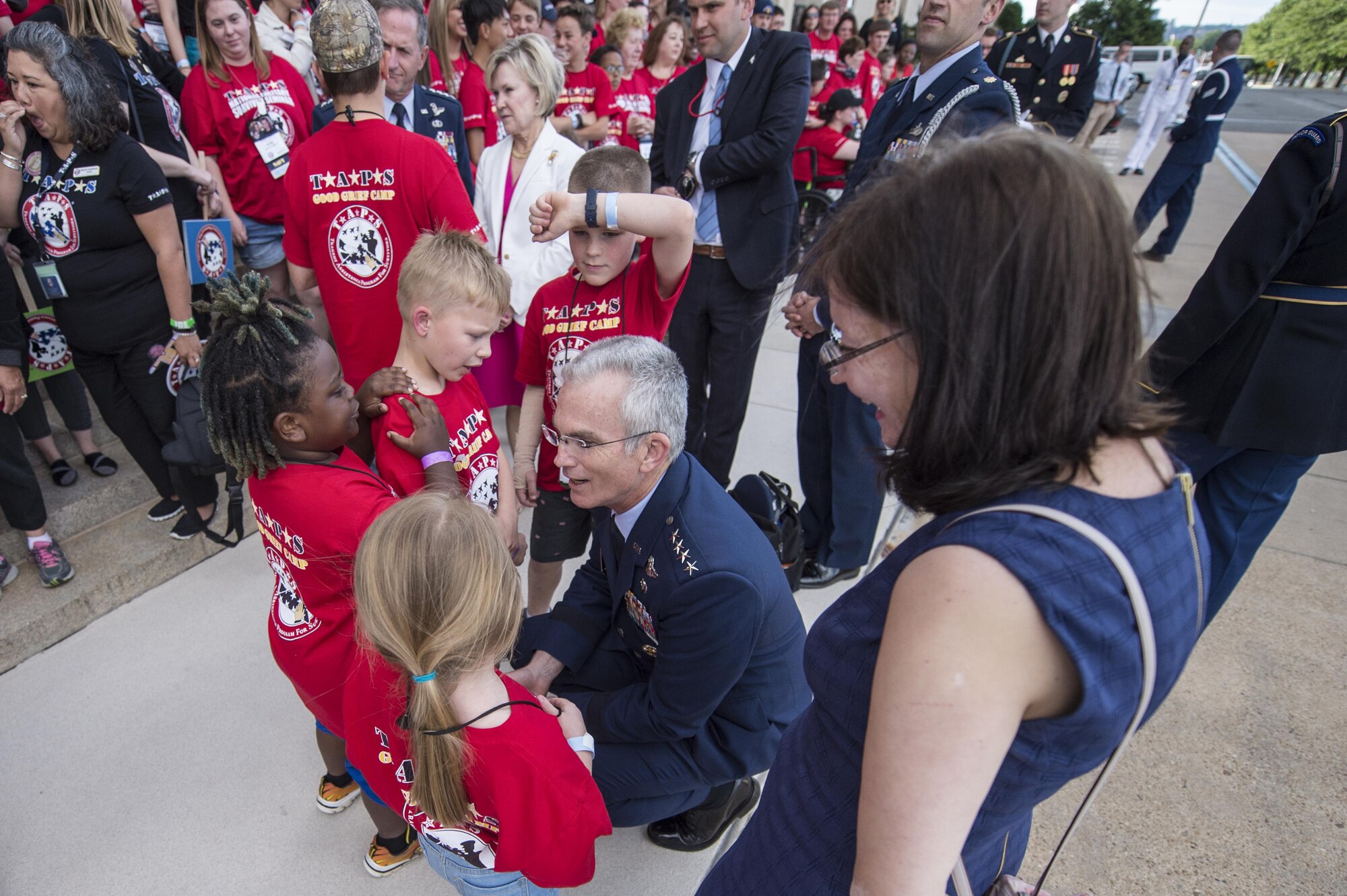 Gen. Paul J. Selva, the Vice Chairman of the Joint Chiefs of Staff, speaks with members of the Tragedy Assistance Program for Survivors during their visit to the Pentagon in Washington, D.C., May 25, 2017. The Pentagon hosted the families for a day of fun and remembrance in honor of Memorial Day. (Defense Department photo/Army Sgt. Amber Smith)