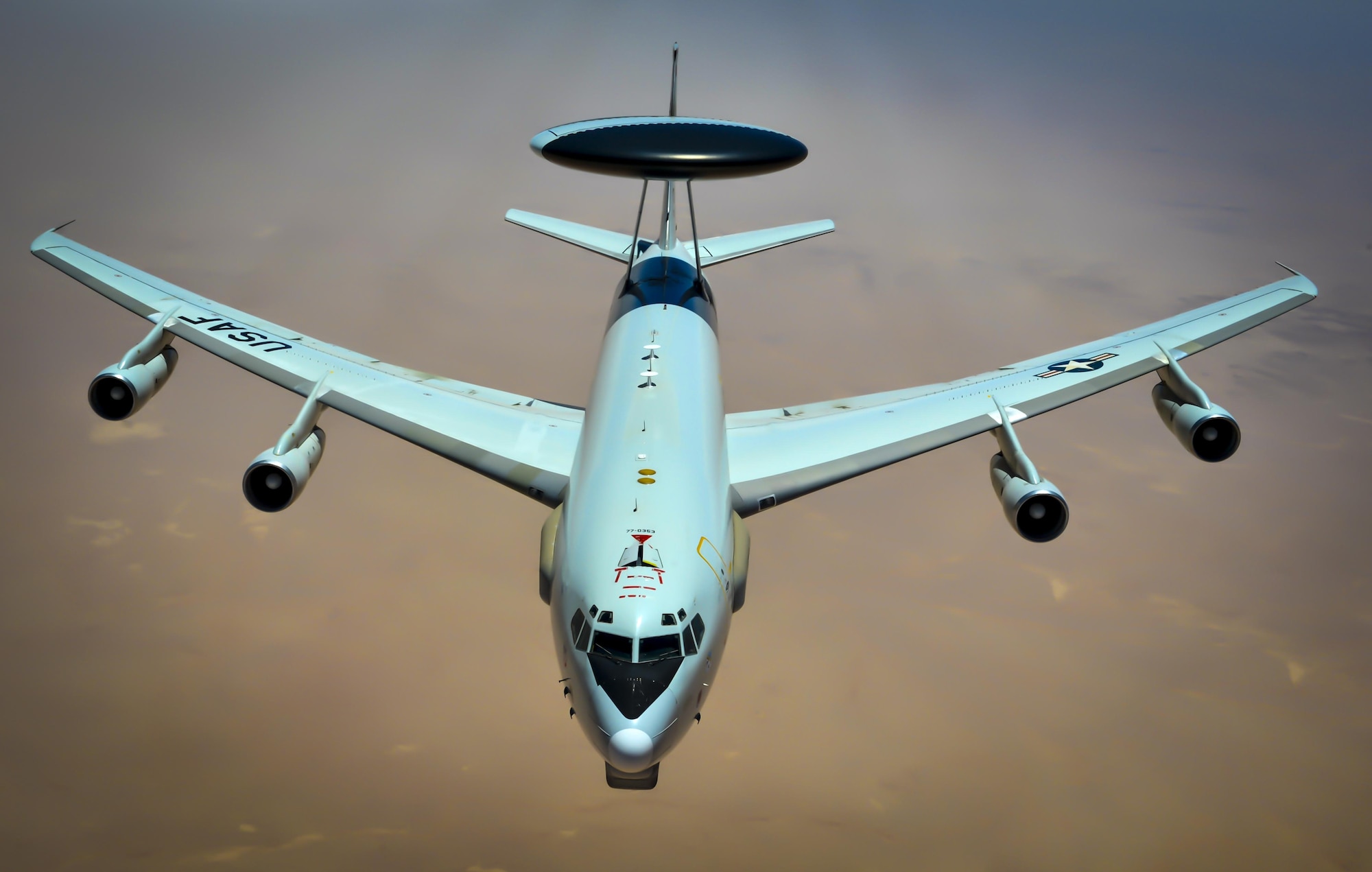 An E-3 Sentry prepares to receive fuel from a 340th Expeditionary Air Refueling Squadron KC-135 Stratotanker during a flight in support of Operation Inherent Resolve May 27, 2017. The E-3 Sentry is an airborne warning and control system aircraft with an integrated command and control battle management, surveillance, target detection, and tracking platform. (U.S. Air Force photo/Staff Sgt. Michael Battles)