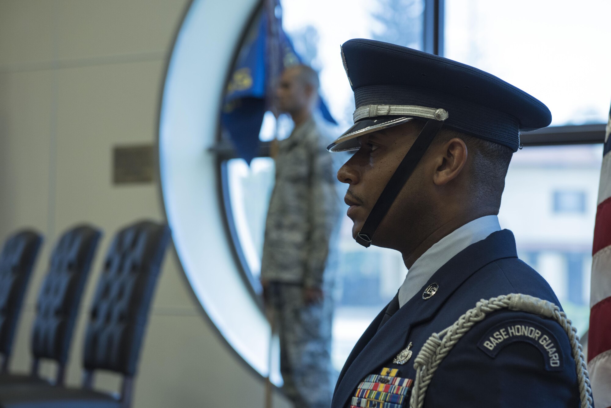 A U.S. Air Force Airman  assigned to the Incirlik Air Base Honor Guard prepares to present the colors during a change of command ceremony, June 1, 2017, at Incirlik Air Base , Turkey. Lt. Col. Robert Grant, 39th Operations Support Squadron outgoing commander, relinquished command to Lt. Col. Richard Swengros, 39th OSS incoming commander. (U.S. Air Force photo by Airman 1st Class Kristan Campbell)