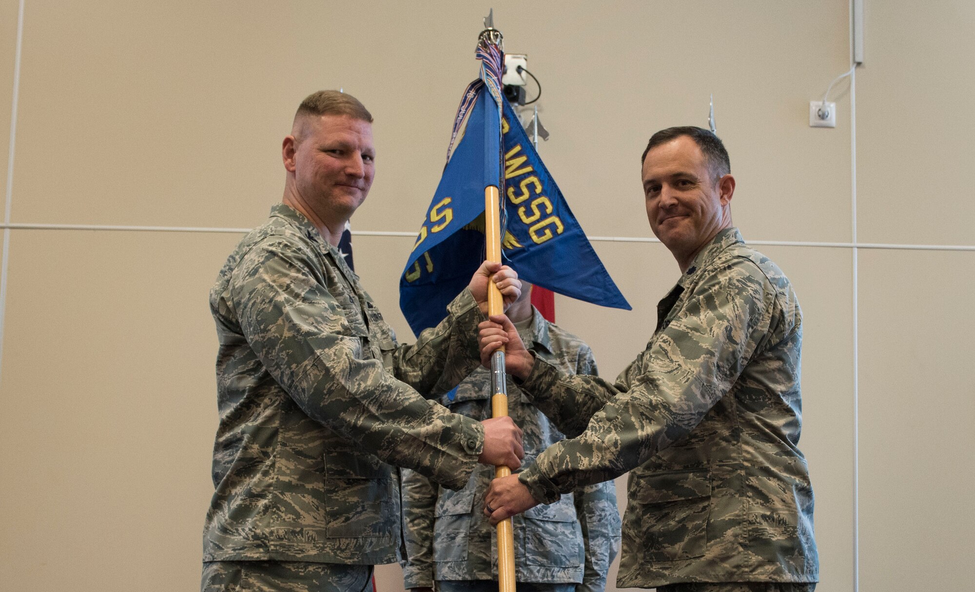 U.S. Air Force Lt. Col. Richard Swengros (right), 39th Operations Support Squadron incoming commander, assumes command of the 39th OSS from Col. James Zirkel, 39th Weapons System Security Group commander, during a change of command ceremony, June 1, 2017, at Incirlik Air Base, Turkey. The 39th OSS leads airfield and support operations to support U.S., and coalition forces operating here. (U.S. Air Force photo by Airman 1st Class Kristan Campbell)