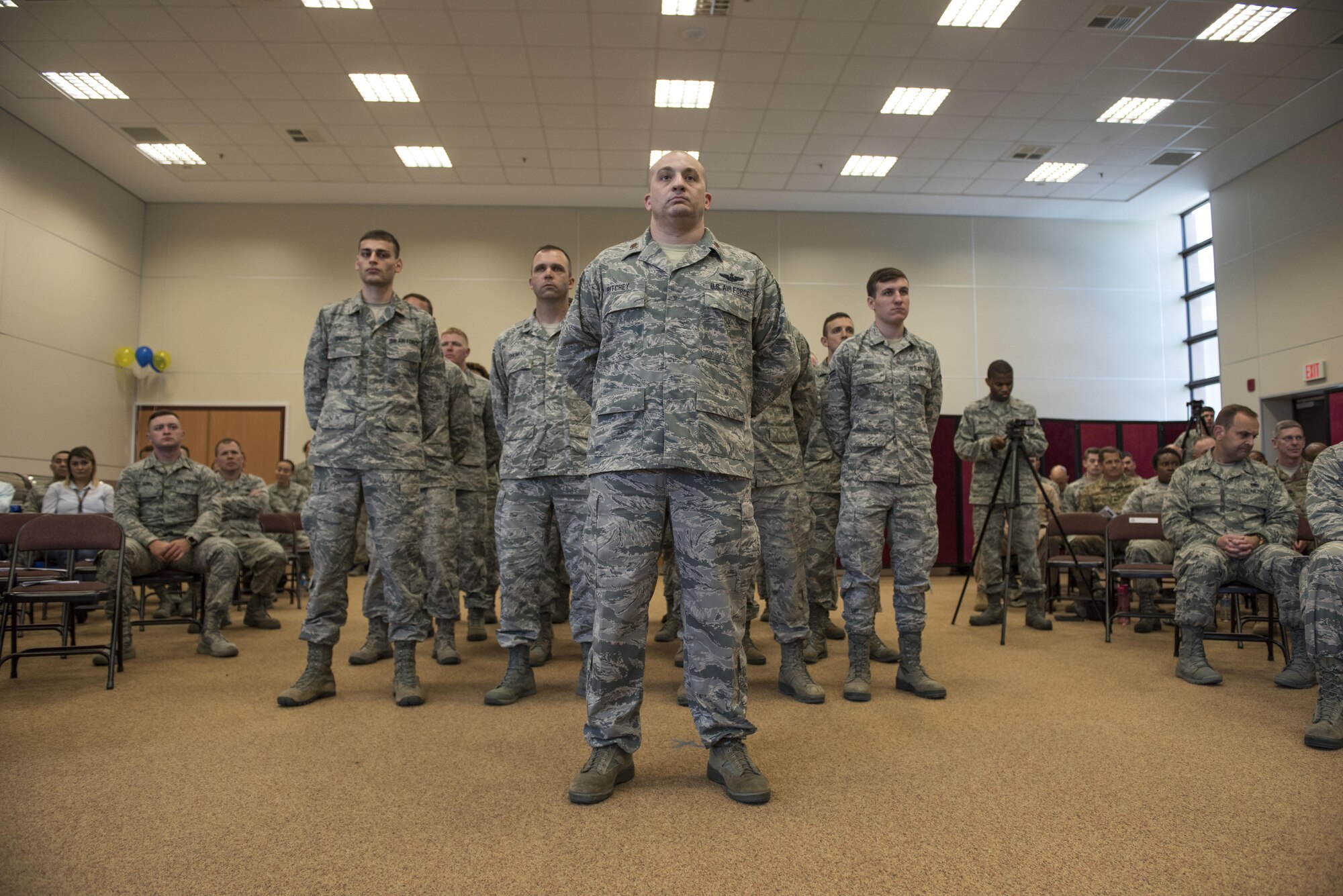 U.S. Air Force Maj. Obadiah Ritchey, 39th Operations Support Squadron director of operations, stands in formation during a change of command ceremony, June 1, 2017, at Incirlik Air Base, Turkey. A change of command ceremony is a tradition that represents a formal transfer of authority and responsibility from the outgoing commander to the incoming commander. (U.S. Air Force photo by Airman 1st Class Kristan Campbell)