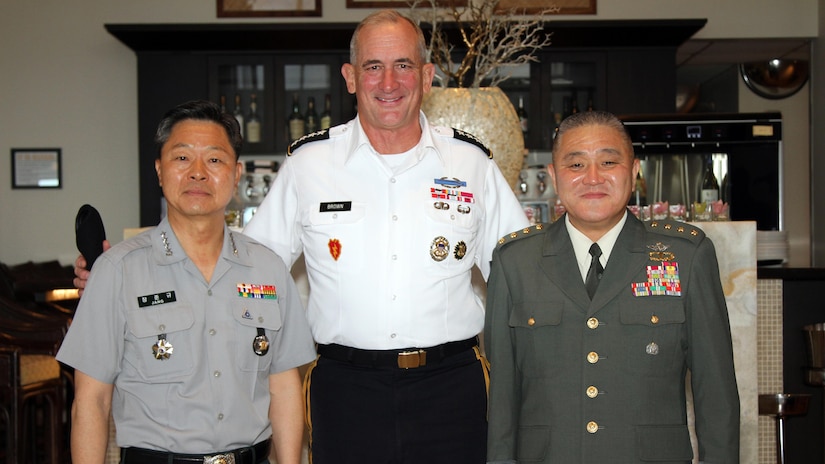 From left, South Korean Army Chief of Staff Gen. Jang Jun-Gyu, U.S. Army Pacific commander Gen. Robert B. Brown, and Japan Ground Self-Defense Force Chief of Staff Gen. Toshiya Okabe, met in Honolulu, May 23, 2017, before the 2017 Land Forces in the Pacific Symposium. Army photo by Lt. Col. Christine Nelson-Chung