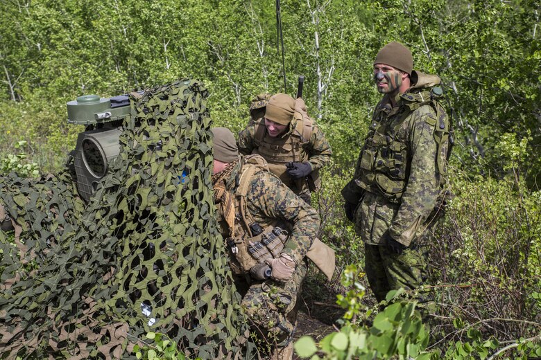 Marines with 3rd Air Naval Gunfire Liaison Company, Force Headquarters Group, Marine Forces Reserve, and Canadian Soldiers from 2 Royal Canadian Regiment search for possible enemy targets at night May 26, 2017, during exercise Maple Resolve 2017, to provide surface-to-surface as well as air-to-surface fire support. Exercise Maple Resolve is an annual, 3-week multinational simulated war, hosted by the Canadian Army bringing approximately 7,000 total NATO allies across the world to share tactics while strengthening foreign military ties.