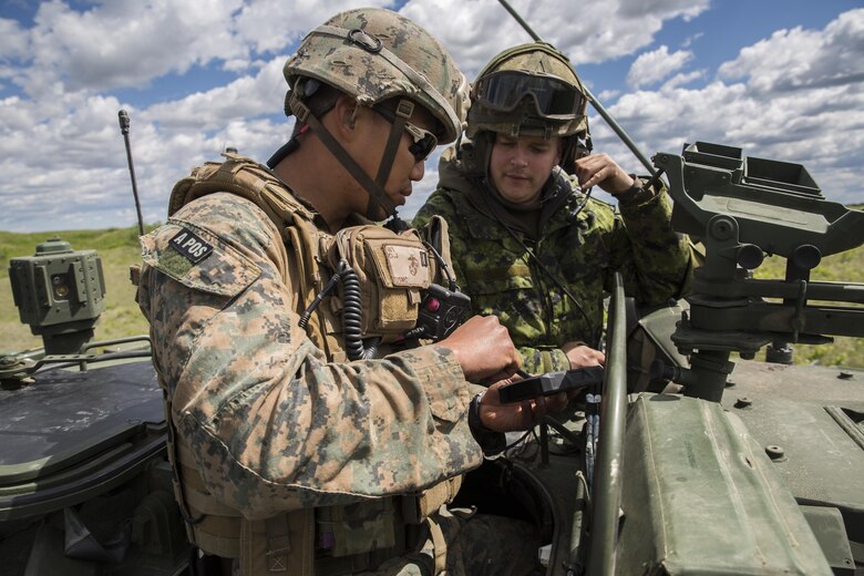 Marines with 3rd Air Naval Gunfire Liaison Company, Force Headquarters Group, Marine Forces Reserve, and Canadian Soldiers from 2 Royal Canadian Regiment search for possible enemy targets at night May 26, 2017, during exercise Maple Resolve 2017, to provide surface-to-surface as well as air-to-surface fire support. Exercise Maple Resolve is an annual, 3-week multinational simulated war, hosted by the Canadian Army bringing approximately 7,000 total NATO allies across the world to share tactics while strengthening foreign military ties.