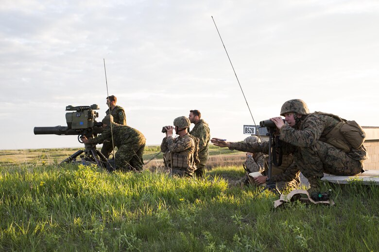 Marines with 3rd Air Naval Gunfire Liaison Company, Force Headquarters Group, Marine Forces Reserve, and Canadian Soldiers from 2 Royal Canadian Regiment search for possible enemy targets at night May 26, 2017, during exercise Maple Resolve 2017, to provide surface-to-surface as well as air-to-surface fire support. Exercise Maple Resolve is an annual, 3-week multinational simulated war, hosted by the Canadian Army bringing approximately 7,000 total NATO allies across the world to share tactics while strengthening foreign military ties.