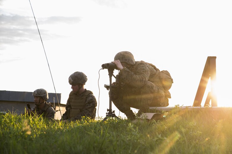 Marines with 3rd Air Naval Gunfire Liaison Company, Force Headquarters Group, Marine Forces Reserve, and Canadian Soldiers from 2 Royal Canadian Regiment search for possible enemy targets at night May 26, 2017, during exercise Maple Resolve 2017, to provide surface-to-surface as well as air-to-surface fire support. Exercise Maple Resolve is an annual, 3-week multinational simulated war, hosted by the Canadian Army bringing approximately 7,000 total NATO allies across the world to share tactics while strengthening foreign military ties.