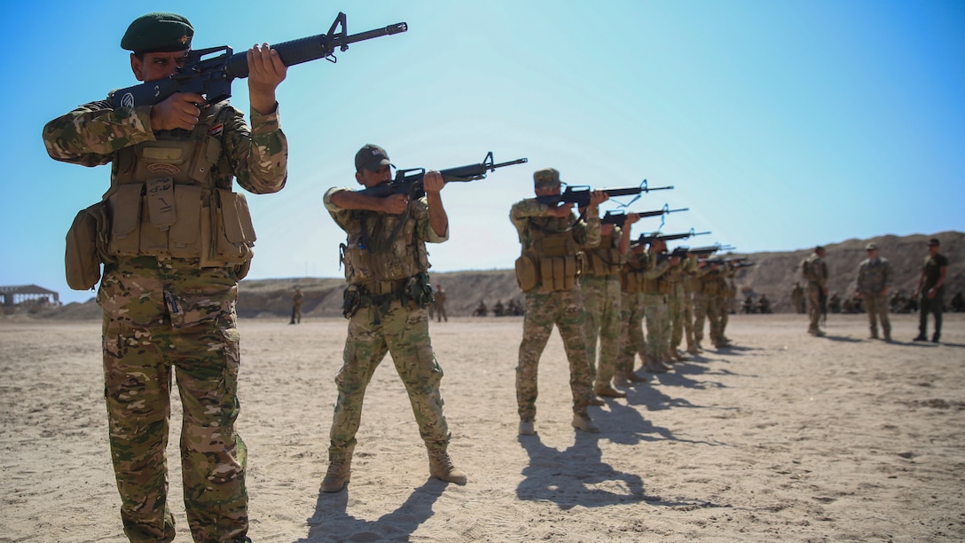 Iraqi soldiers with 2nd Battalion, Commando Brigade, Anbar Operations Command, practice their marksmanship skills during training with Task Force Al-Taqaddum, Combined Joint Task Force – Operation Inherent Resolve, in Iraq, April 17, 2017. This training is part of the overall CJTF-OIR building partner capacity mission by training and improving the capability of partnered forces fighting ISIS. CJTF-OIR is the global Coalition to defeat ISIS in Iraq and Syria.