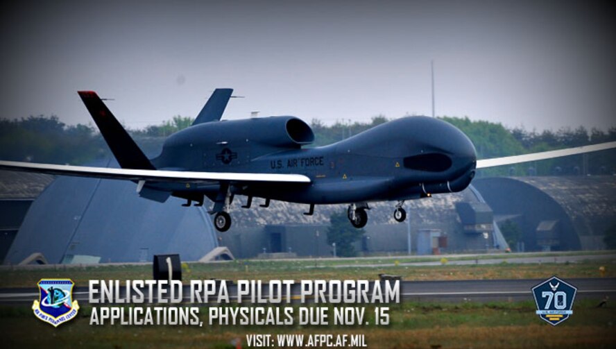 The application window is open for Airmen interested in becoming enlisted remotely piloted aircraft pilots as a part of the deliberate approach to enhance the Air Force’s Intelligence, Surveillance and Reconnaissance mission. (U.S. Air Force graphic by Kat Bailey)