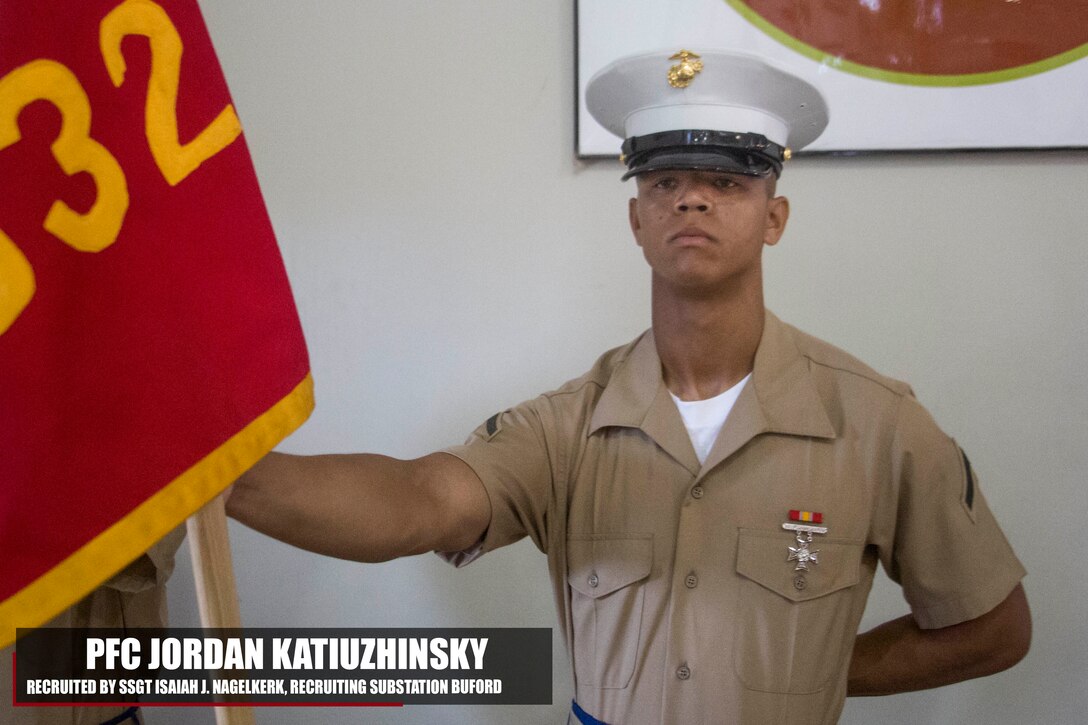PFC Jordan Katiuzhinsky graduated Marine Corps recruit training June 2, 2017, aboard Marine Corps Recruit Depot Parris Island, South Carolina. Katiuzhinsk is the Honor Graduate of platoon 1032. Katiuzhinsk was recruited by Staff Sgt. Isaiah J. Nagelkerek from Recruiting Substation Buford. (U.S. Marine Corps photo by Lance Cpl. Jack A. E. Rigsby/Released)
