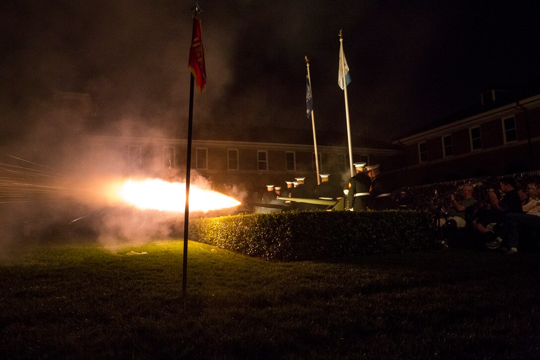 U.S. Marine Corps Body Bearers fire cannons during a Friday Evening Parade at Marine Barracks Washington D.C., May 26, 2017. The guests of honor for the parade were Ms. Bonnie Carroll, president and founder, Tragedy Assistance Program for Survivors (TAPS), Sgt. Tim Parrish, TAPS, Mr. Carlos Arredondo, TAPS, Ms. Taylor Dudley, TAPS, Ms. Melissa Kasinger, TAPS, and Ms. Katherine Stanley, TAPS. The hosting official for the parade was Gen. Joseph F. Dunford Jr., chairman of the Joint Chiefs of Staff. (Official Marine Corps photo by Cpl. Robert Knapp/Released)