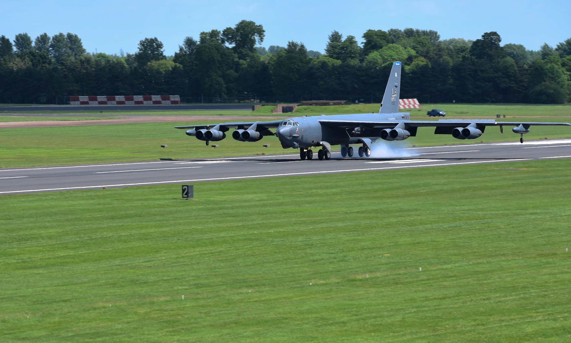 A B-52H Stratofortresses from Barksdale Air Force Base, La., touches down on the runway at RAF Fairford, U.K., June 1, 2017. These bombers will participate in exercises Saber Strike, Arctic Challenge and Baltic Operations (BALTOPS), in the European theatre. These operations and engagements with allies and partners demonstrate and strengthen America’s commitment to global security and stability. (U.S. Air Force photo by Airman 1st Class Randahl J. Jenson)