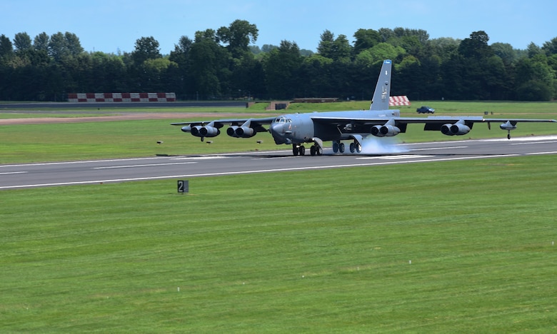 A B-52H Stratofortresses from Barksdale Air Force Base, La., touches down on the runway at RAF Fairford, U.K., June 1, 2017. These bombers will participate in exercises Saber Strike, Arctic Challenge and Baltic Operations (BALTOPS), in the European theatre. These operations and engagements with allies and partners demonstrate and strengthen America’s commitment to global security and stability. (U.S. Air Force photo by Airman 1st Class Randahl J. Jenson)