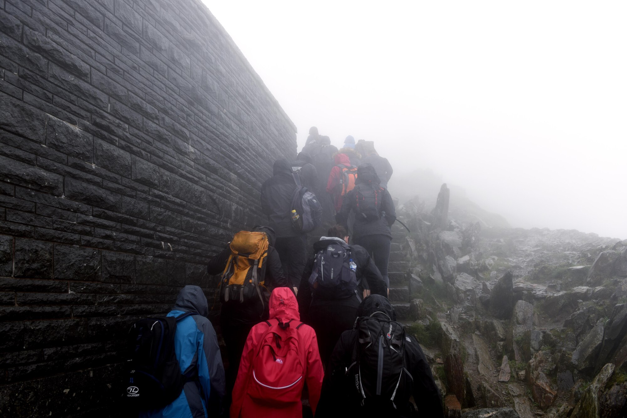 U.S. Air Force Airmen from Royal Air Force Lakenheath, England head to the peak of Snowdon Mountain during a chapel-sponsored resiliency trip to Snowdonia National Park, Llanberis, Wales, May 27. The trip was for first-term single Airmen to work toward resiliency goals and to build friendships with other Airmen. (U.S. Air Force photo by Airman 1st Class John A. Crawford)