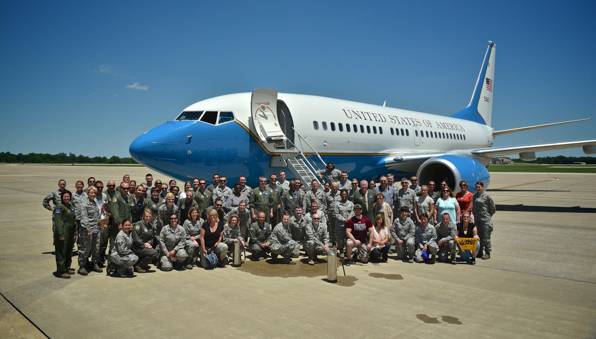 Quick photo after the traditional soaking during Col. Jonathan Philebaums's fini flight, May 31, 2017, Scott Air Force Base, Illinois. Philebaum will retire June 3rd during a formal retirement ceremony after having served 32 years in the Air Force. (U.S. Air Force photo by Christopher Parr)