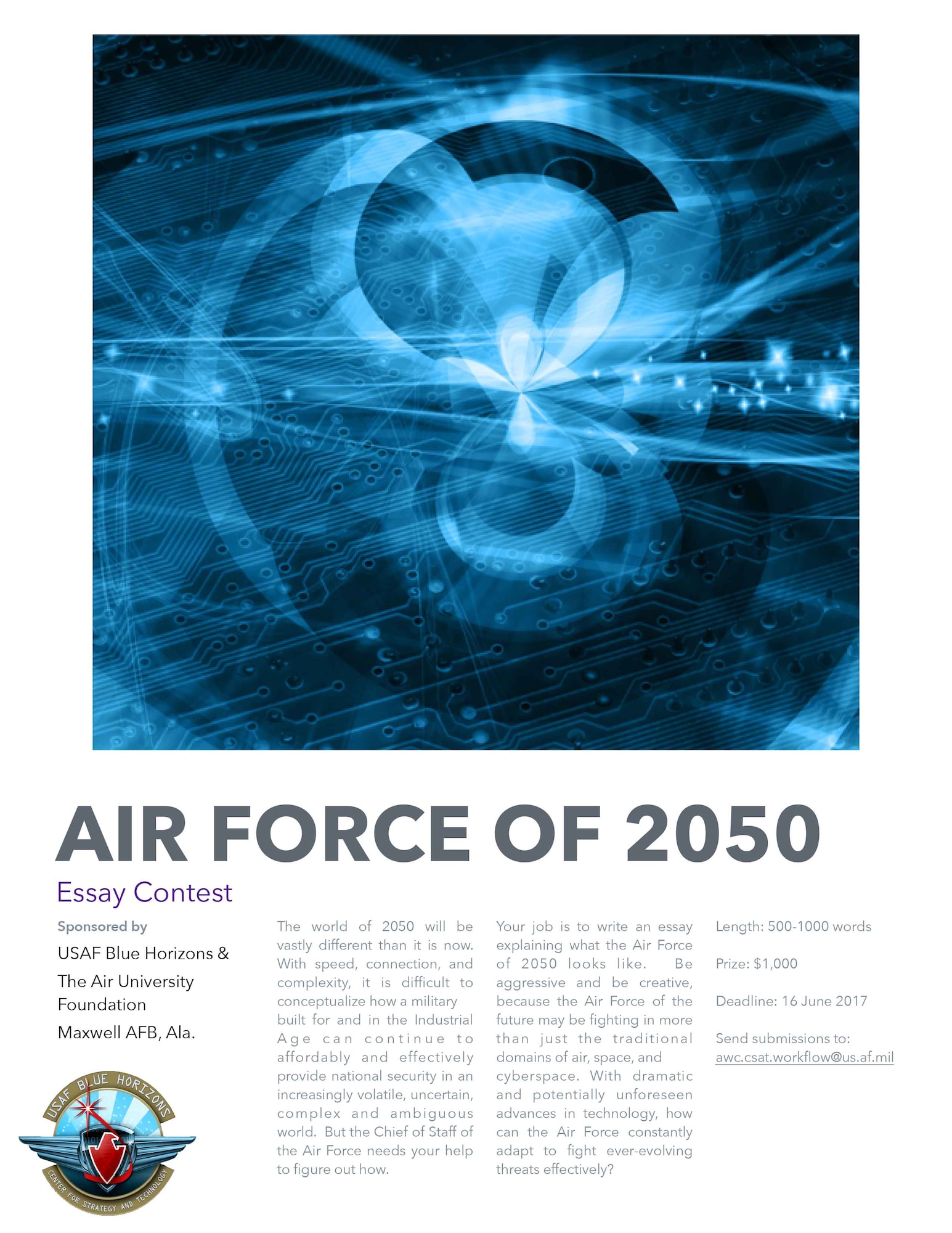 Air University is inviting Airmen to take a look at what the Air Force will look like in 2050, aligning to the Air Force Secretary’s and Chief of Staff of the Air Force’s vision for the force.  