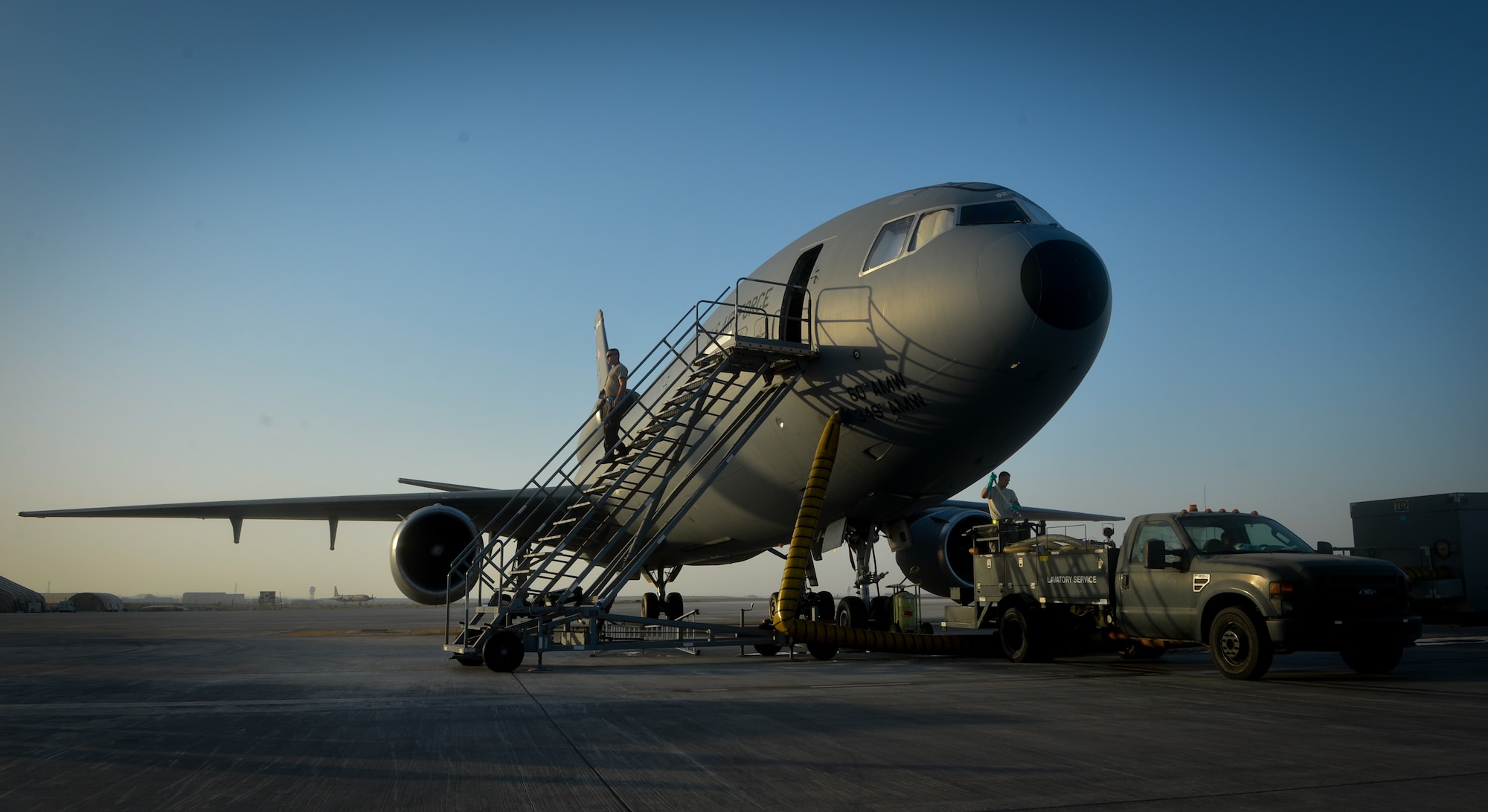 A 908th Expeditionary Air Refueling Squadron KC-10 Extender crew prepares for a mission in support of Operation Inherent Resolve May 31, 2017. The KC-10 is an Air Mobility Command advanced tanker and cargo aircraft designed to provide increased global mobility for U.S. Armed Forces. The KC-10's primary mission is aerial refueling; it can combine the tasks of a tanker and cargo aircraft by refueling fighters and simultaneously carry the fighter support personnel and equipment on overseas deployments. (U.S. Air Force photo by Staff Sgt. Michael Battles)