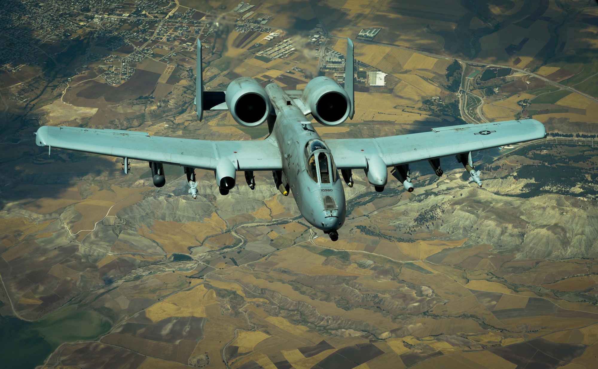 A U.S. Air Force A-10 Thunderbolt II  departs after receiving fuel from a 908th Expeditionary Air Refueling Squadron KC-10 Extender during a flight in support of Operation Inherent Resolve May 31, 2017.The aircraft can loiter near battle areas for extended periods of time and operate in low ceiling and visibility conditions. The wide combat radius and short takeoff and landing capability permit operations in and out of locations near front lines. (U.S. Air Force photo by Staff Sgt. Michael Battles)