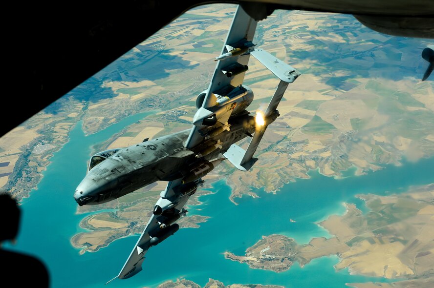 A U.S. Air Force A-10 Thunderbolt II  departs after receiving fuel from a 908th Expeditionary Air Refueling Squadron KC-10 Extender during a flight in support of Operation Inherent Resolve May 31, 2017.The aircraft can loiter near battle areas for extended periods of time and operate in low ceiling and visibility conditions. The wide combat radius and short takeoff and landing capability permit operations in and out of locations near front lines. (U.S. Air Force photo by Staff Sgt. Michael Battles)
