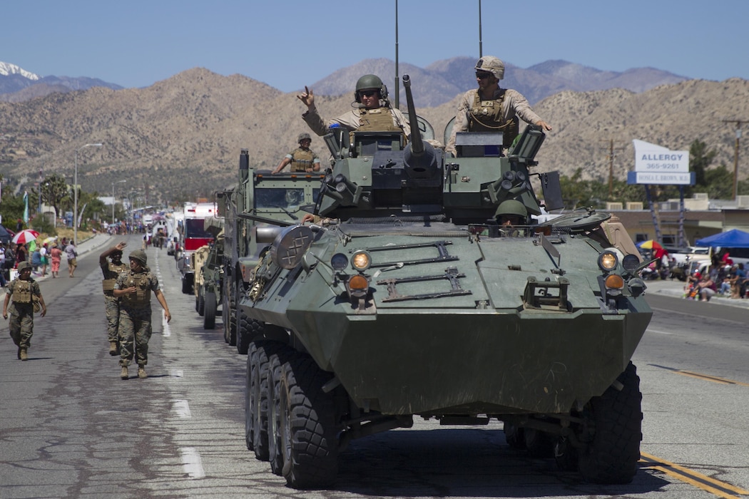 Marines with 3rd Light Armored Reconnaissance Battalion participate in the 67th annual Grubstake Days Parade along California Highway 62 in Yucca Valley, Calif., May 27, 2017. The town holds the annual Grubstake Days festival to commemorate the mining heritage of the Yucca Valley community. (U.S. Marine Corps photo by Sgt. Connor Hancock)