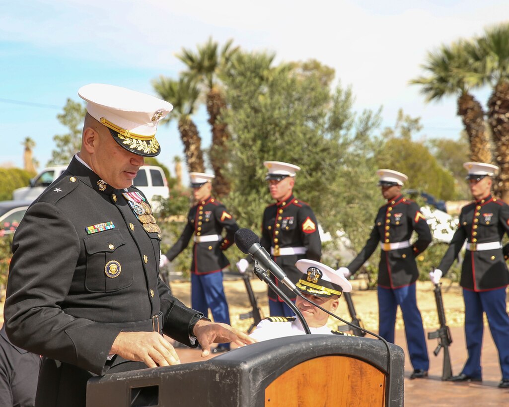 Brigadier Gen. William F. Mullen III, Commanding General, Marine Corps Air Ground Combat Center, Twentynine Palms, Calif., gives a speech during a Memorial Day service at the Twentynine Palms cemetery, Twentynine Palms, Calif., May 29, 2017. The annual service was held to honor America's fallen servicemembers.