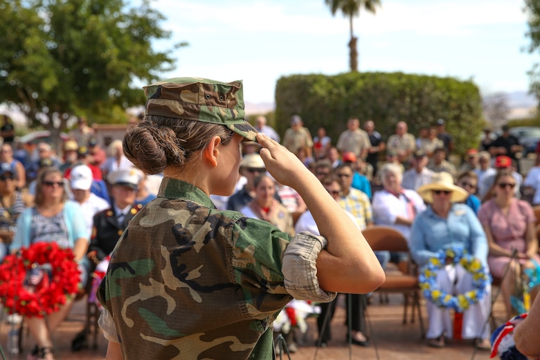 A member of the Mojave Vipers branch of the Young Marines program renders a salute during the Memorial Day service at the Twentynine Palms cemetery, Twentynine Palms, Ca., May 30, 2017. The annual ceremony was held to honor America's fallen servicemembers.