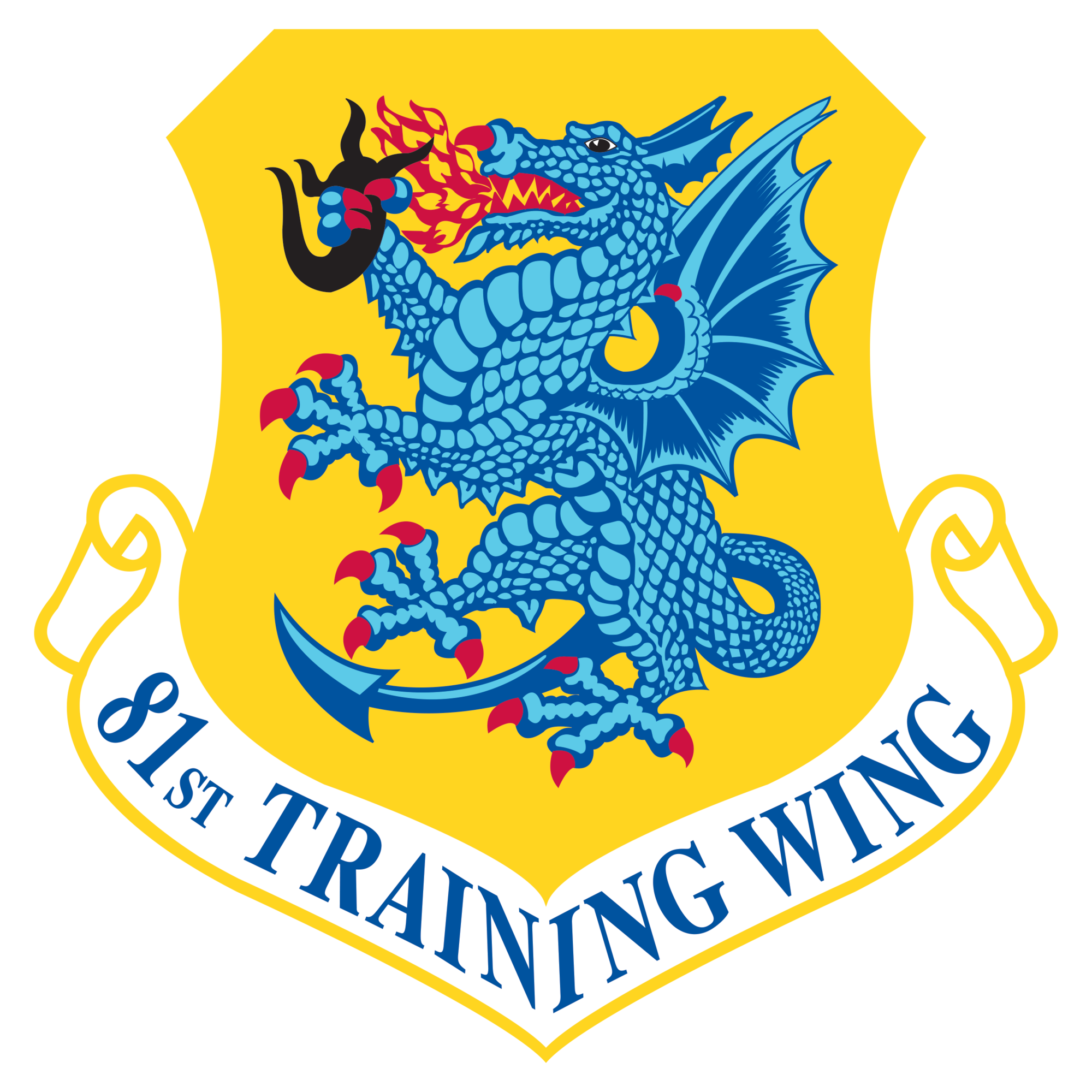 Blue and yellow are the Air Force colors. Blue alludes to the sky, the primary theater of Air Force operations. Yellow refers to the sun and the excellence required of Air Force personnel. The dragon, an intimidating medieval creature, uses his breath of fire to subdue all enemies, as depicted by the boll weevil. 