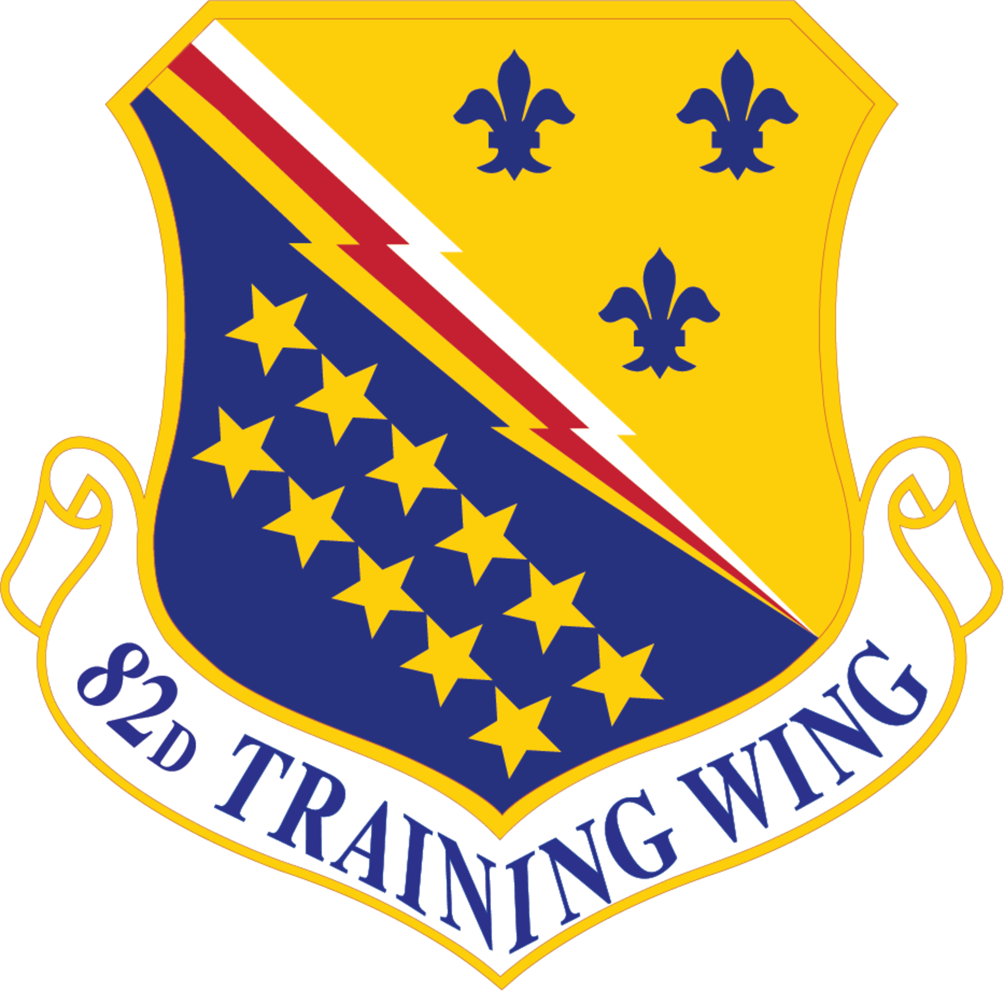 Ultramarine blue and Air Force yellow are the Air Force colors.  Blue alludes to the sky, the primary theater of Air Force operations. Yellow refers to the sun and the excellence required of Air Force personnel. The conjoined lightning bolts represent the three parts of the Air Defense Team and, together, symbolize aerial striking power. The colors of the lightning flash denote the colors of the Wing’s three original squadrons. The fleurs-de-lis reflect the three distinguished unit citations which the Wing has received.  The eleven stars signify the battle honors awarded to the Wing for World War II service.