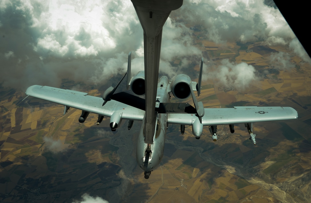 A U.S. Air Force A-10 Thunderbolt II  receives fuel from a 908th Expeditionary Air Refueling Squadron KC-10 Extender during a flight in support of Operation Inherent Resolve May 31, 2017.The aircraft can loiter near battle areas for extended periods of time and operate in low ceiling and visibility conditions. The wide combat radius and short takeoff and landing capability permit operations in and out of locations near front lines. (U.S. Air Force photo by Staff Sgt. Michael Battles)