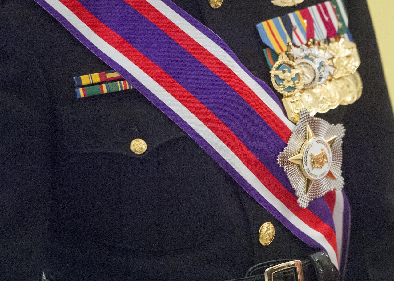 Marine Corps Gen. Joe Dunford, chairman of the Joint Chiefs of Staff, wears Singapore's Military Distinguished Service Order medal in Newton, Singapore, June 2, 2017. DoD photo by Navy Petty Officer 2nd Class Dominique A. Pineiro