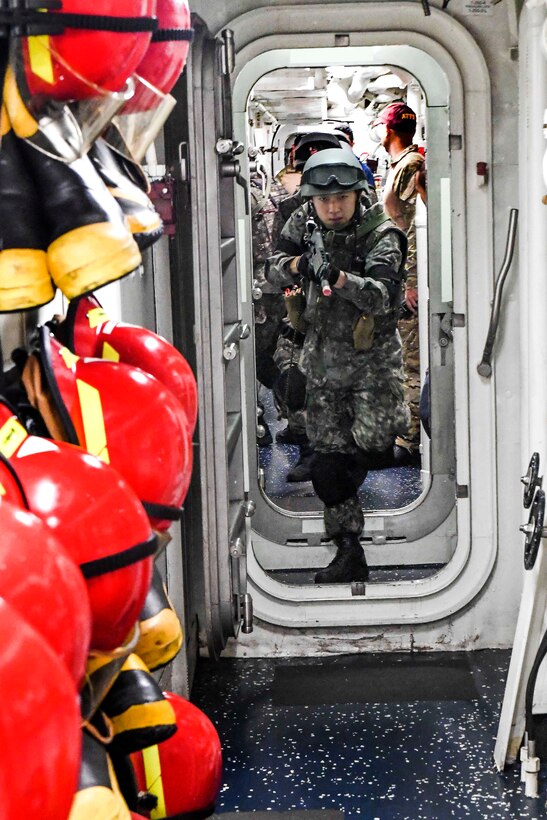 A U.S. sailor, right, observes as South Korean sailors practice tactical boarding maneuvers and techniques during visit, board, search and seizure training on the USS Wayne E. Meyer in the western Pacific Ocean, May 22, 2017. Navy photo by Petty Officer 3rd Class Kelsey L. Adams