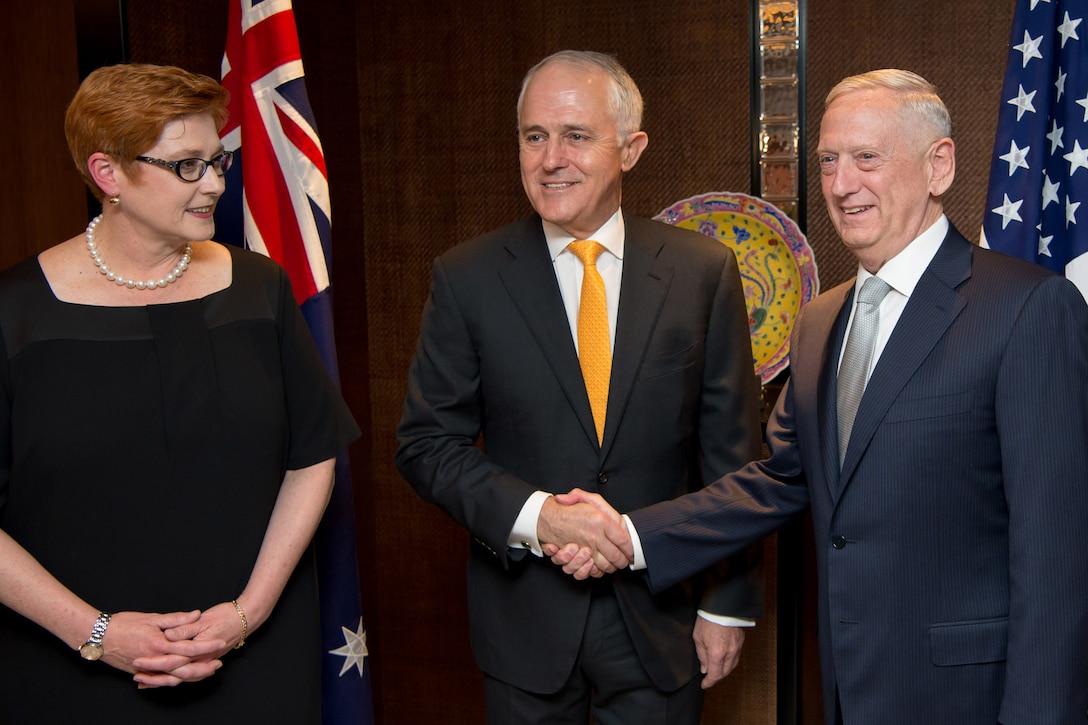 Defense Secretary Jim Mattis meets with Australian Prime Minister Malcolm Turnbull during the Shangri-La Dialogue in Singapore, June 2, 2017. DoD photo by Air Force Staff Sgt. Jette Carr