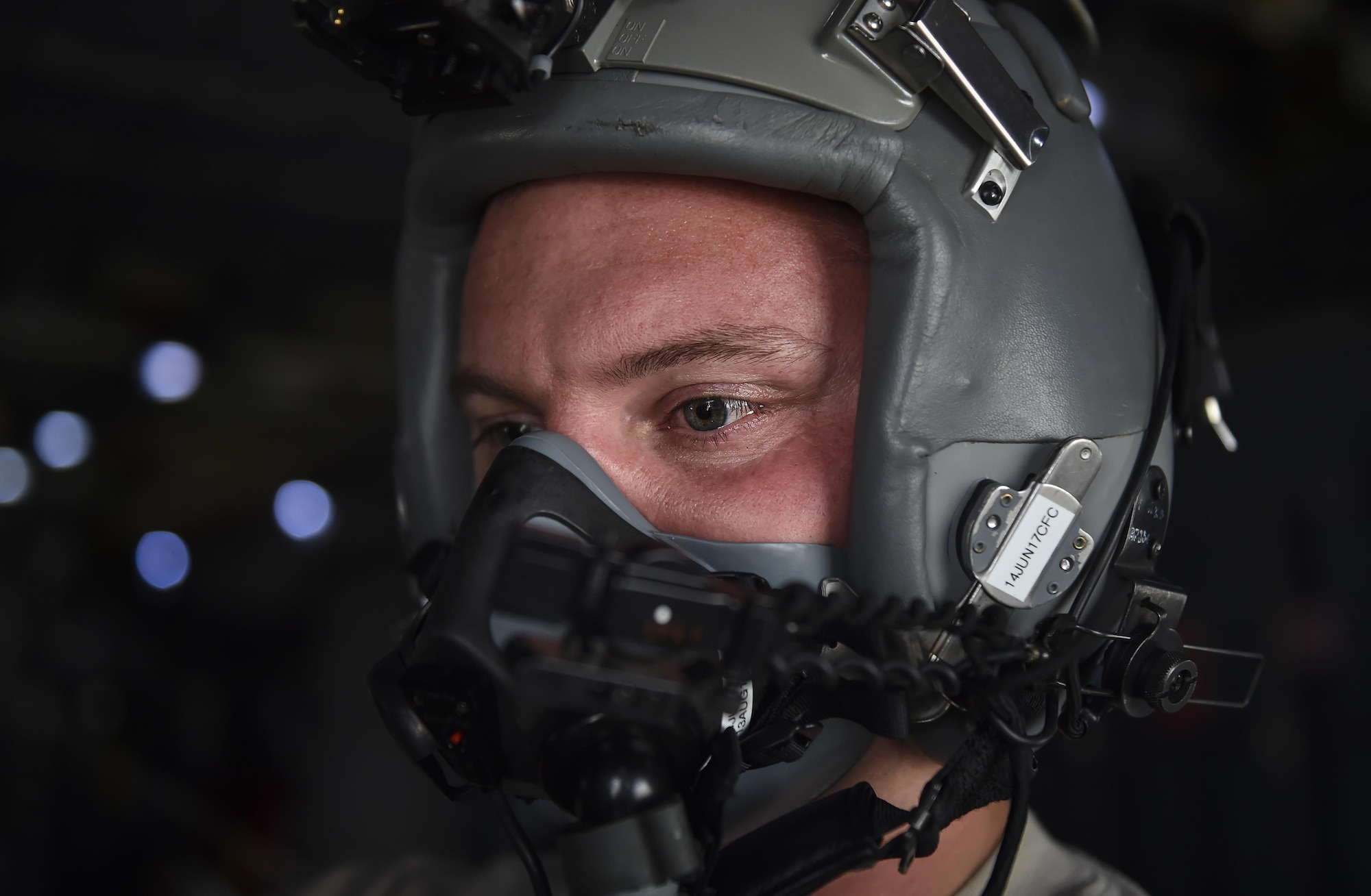 Tech. Sgt. Zach Kelhi, a loadmaster with the 15th Special Operations Squadron, checks the seal of an oxygen mask on an MC-130H Combat Talon II at Hurlburt Field, Fla., May 30, 2017. A seal is needed for aircrew members to receive oxygen during an emergency. (U.S. Air Force photo by Airman 1st Class Joseph Pick)