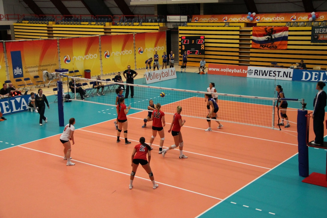U.S. Armed Forces Women's Volleyball team playing in Amsterdam, Netherlands in 2012 at the CISM World Championship.  